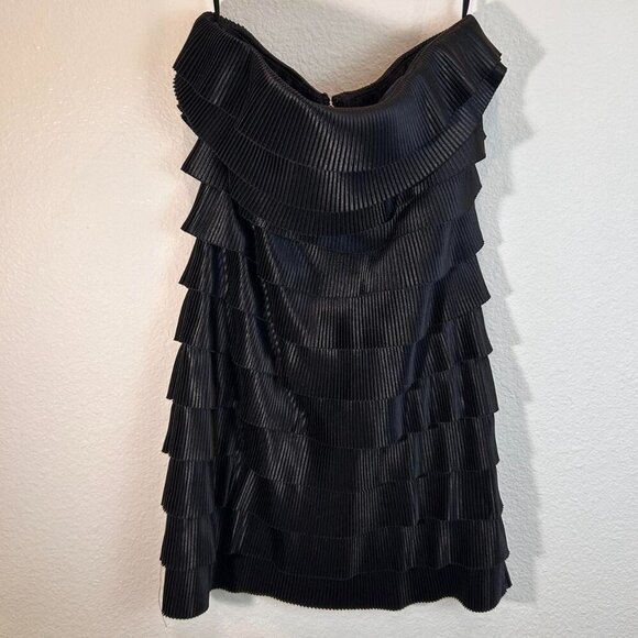 Black shiny silky layered ruffle strapless whimsigoth grunge demonia mini dress - Picture 3 of 7